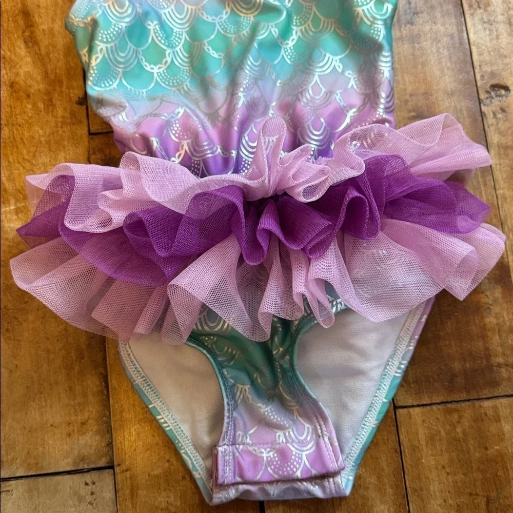 Cat & Jack Purple green Mermaid Tutu Swimsuit 3T one piece vacation beach
